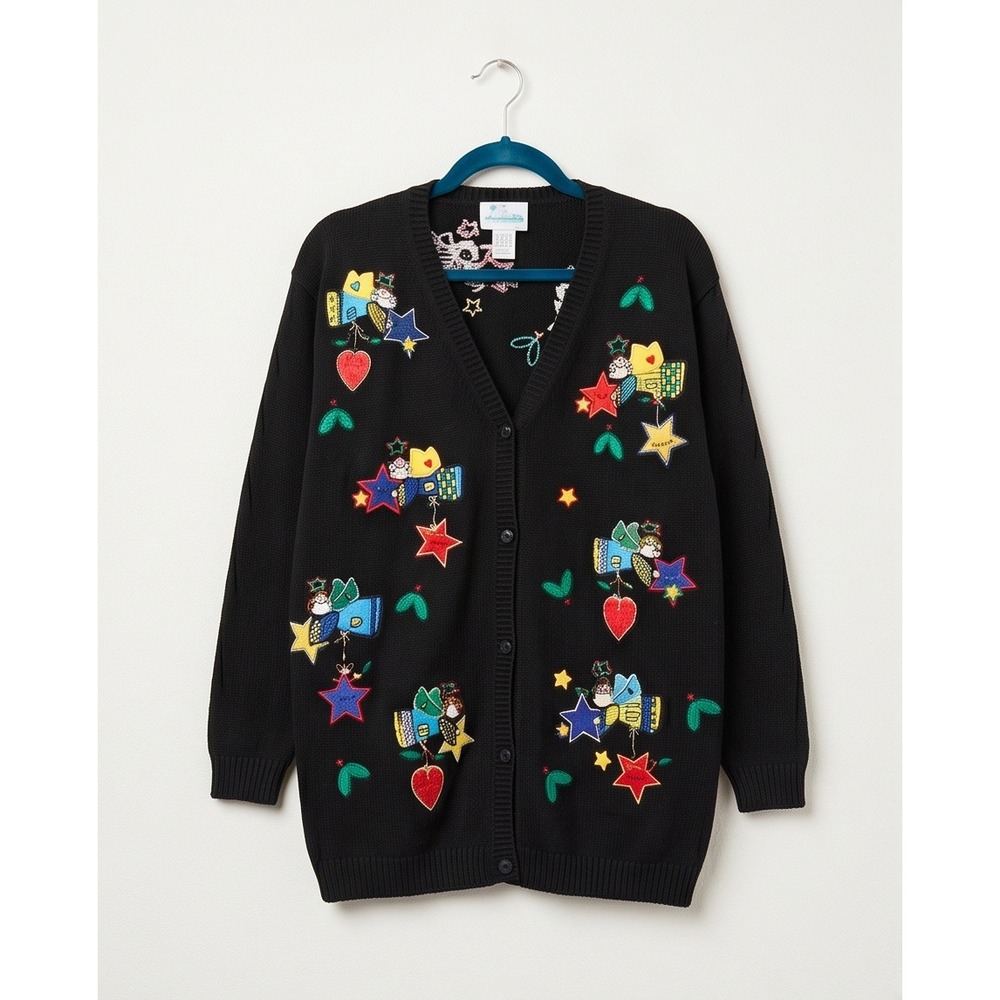 The Quacker Factory L Vintage Angel‎ Star Embroidered Cardigan Sweater Black